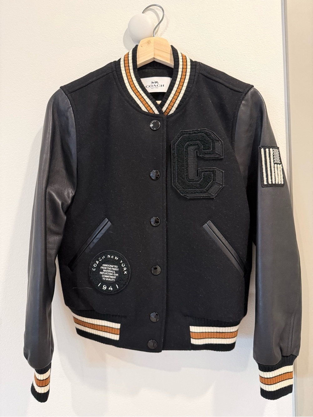 Coach Kids Black Varsity Jacket with Tan & White Trim